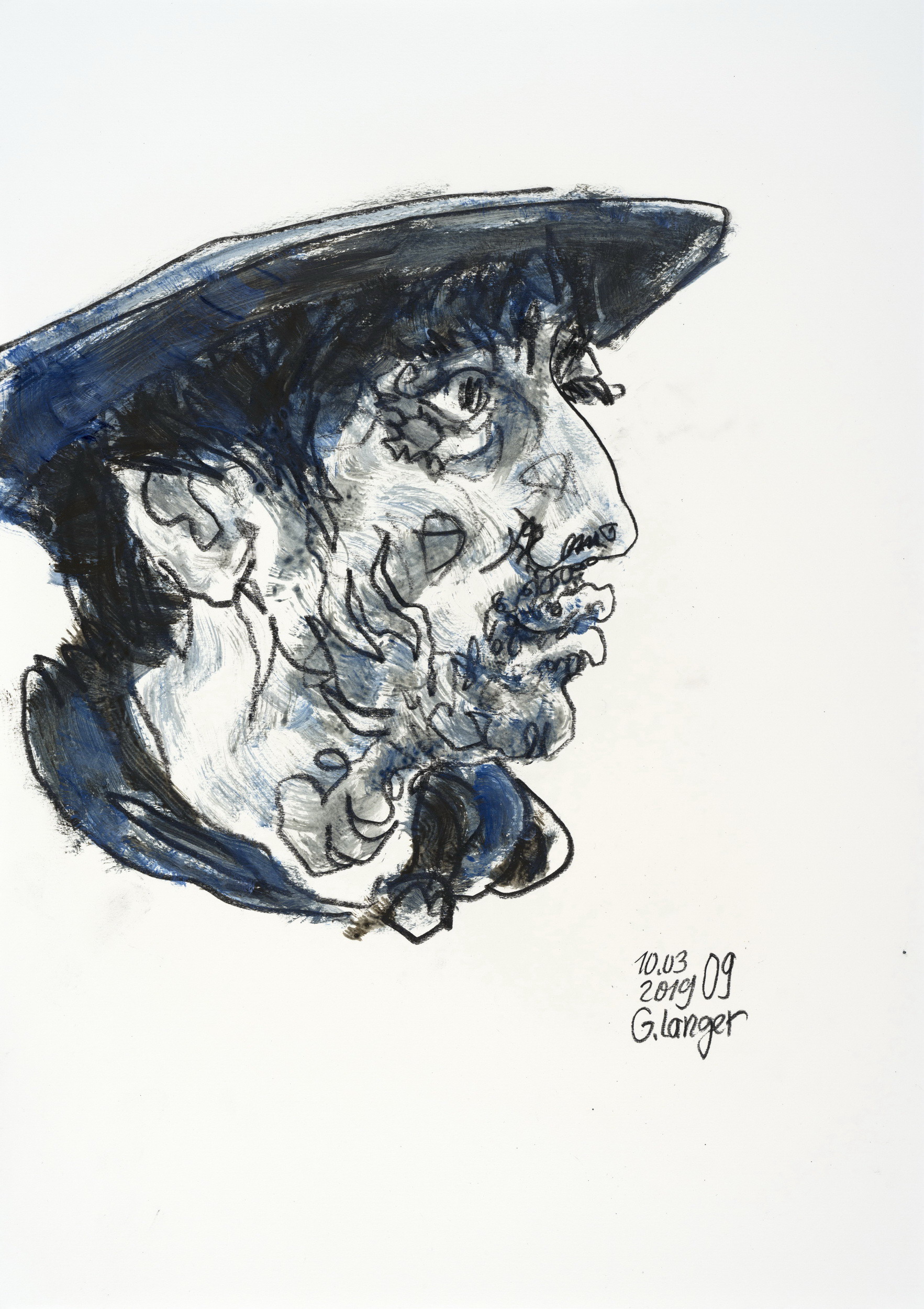Gunter Langer, Portrait eines Mannes, Lange Zeit, 2019, Acryl Wasserfarbe Bleistift, Karton, 59 x 42 cm